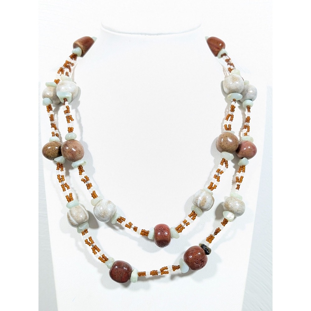 Coastal Ceramic Bead Layered Necklace Brown White Beachy Boho 18"